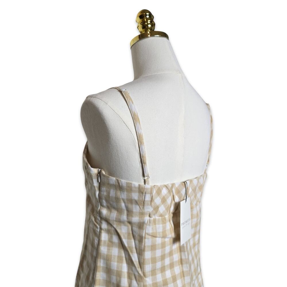 Promesa Gingham Mini Dress L Tan White Plaid Bustier Fit Flare Cottagecore NWT - Picture 4 of 15